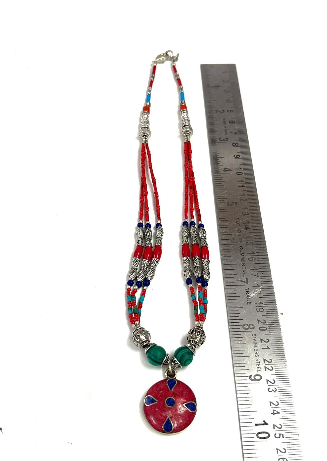 Vintage Red Coral Gemstone Tibetan Statement Necklace Jewelry, 18 inch Adjus
