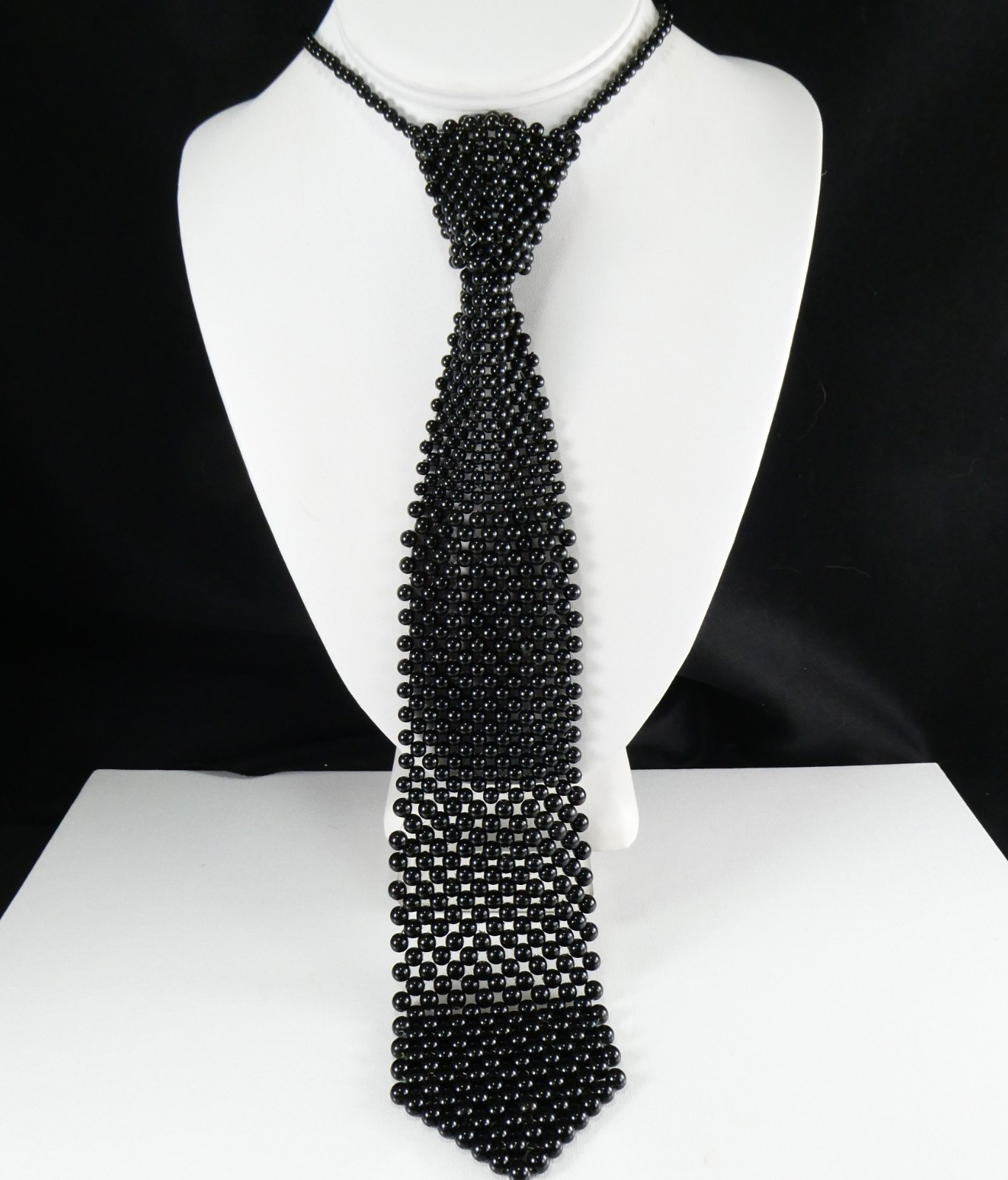 Black Beaded Tie Shaped Fashion Necklace Hook Clasp Collar Choker Long TIE 12″