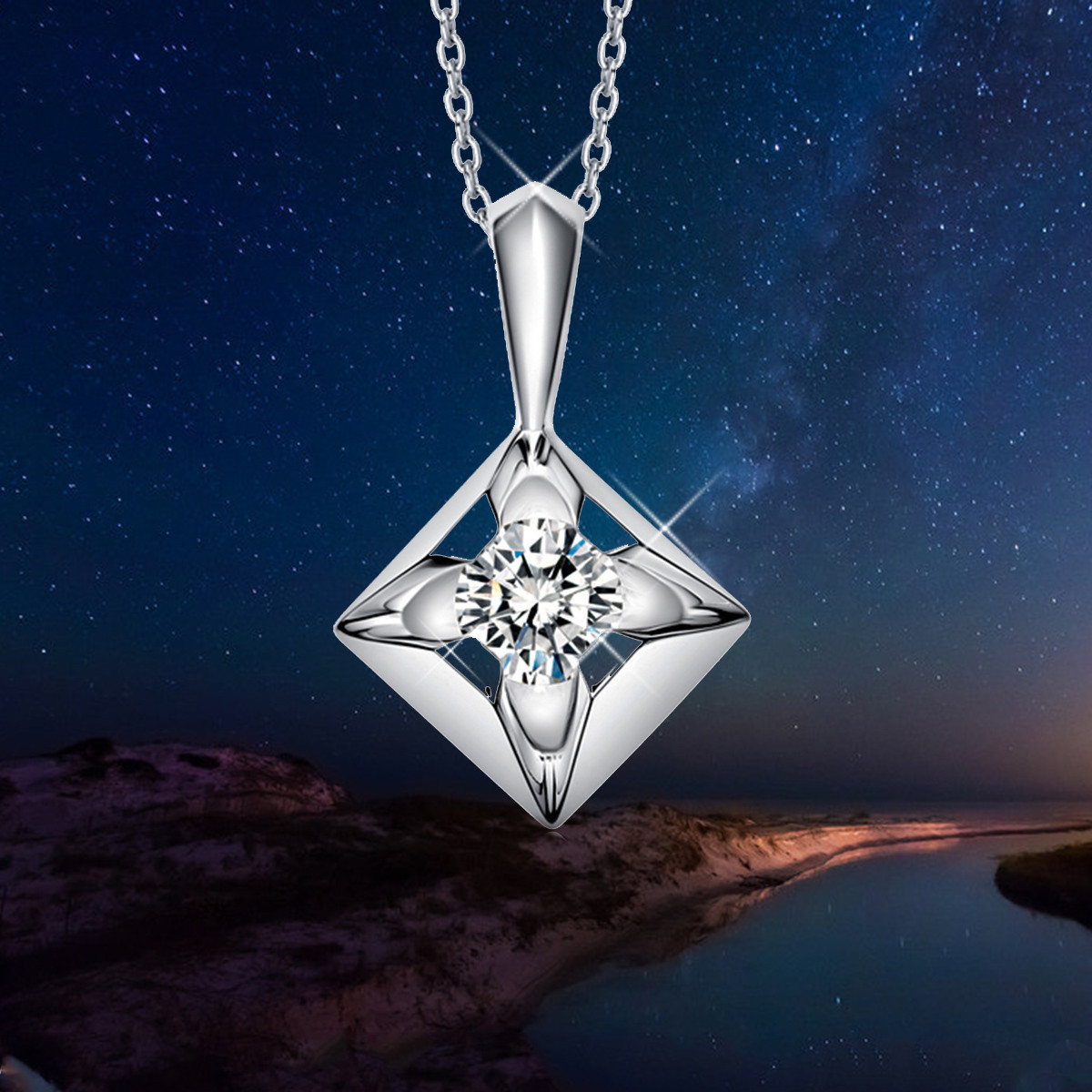 Crystal Necklace 14k White Gold Plated Sapphire Square CZ Pendant Jewelry