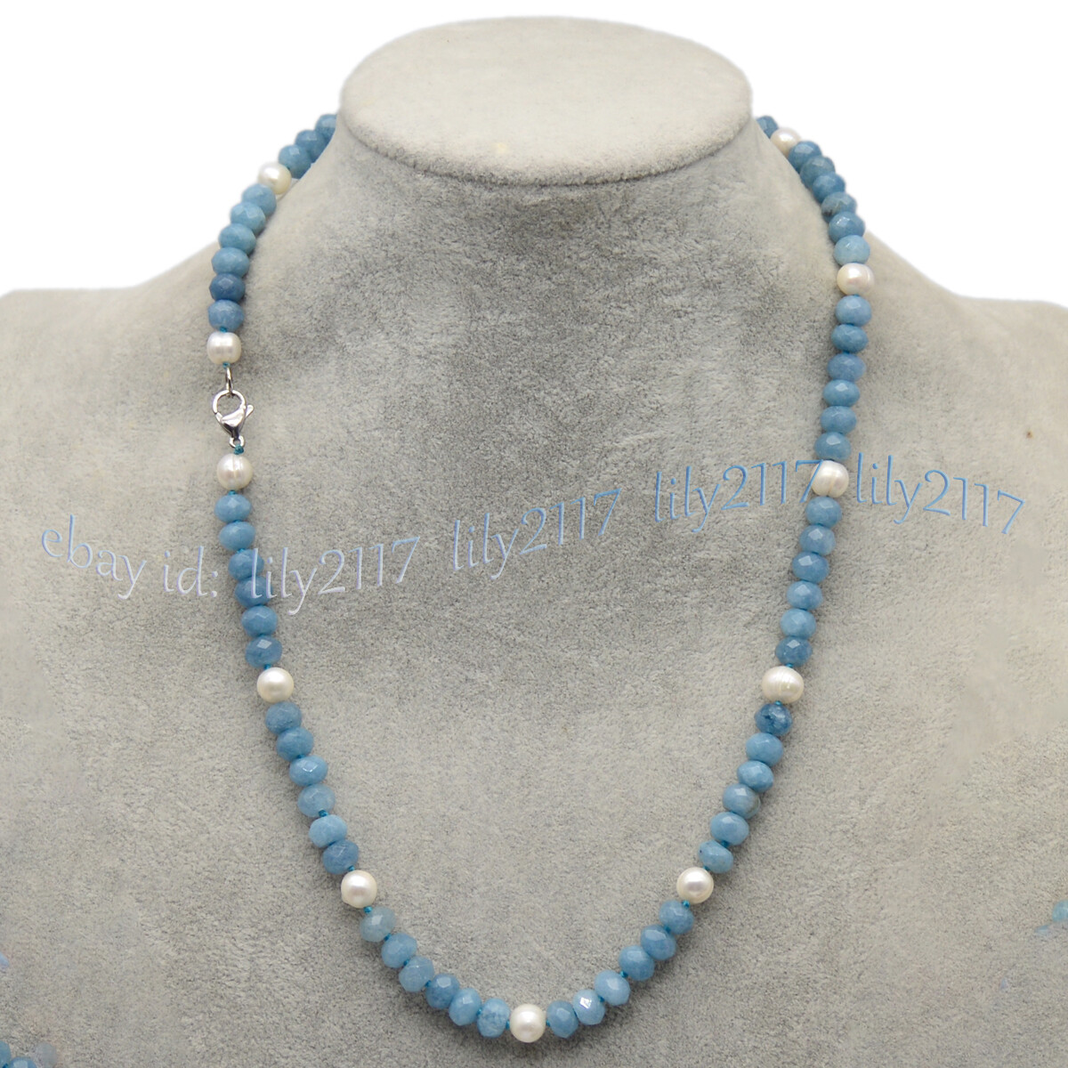 Faceted Blue Aquamarine 5x8mm Rondelle Gemstone Beads 7-8mm White Pearl Necklace