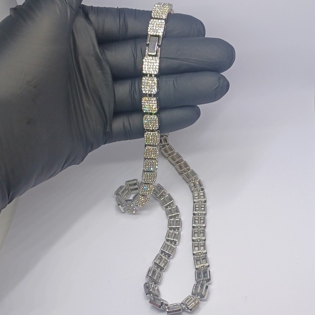 24″ 9mm Square Cluster Crystal Iced Stainless Steel Chain, Box Clasp Beautiful