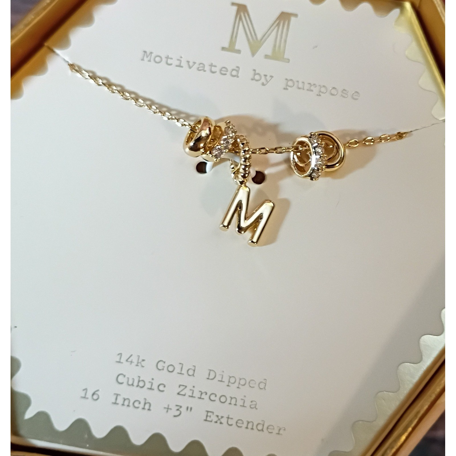 A New Day 14k Gold Dipped Initial M Necklace Cubic Zirconia 16-19 Inch NIB