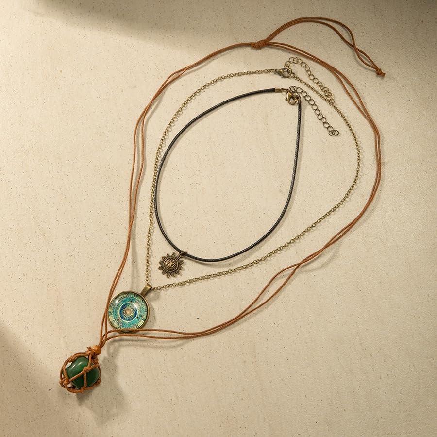 Bohemian Green Natural Crystal Stone Layered Retro Necklace 3 one size,