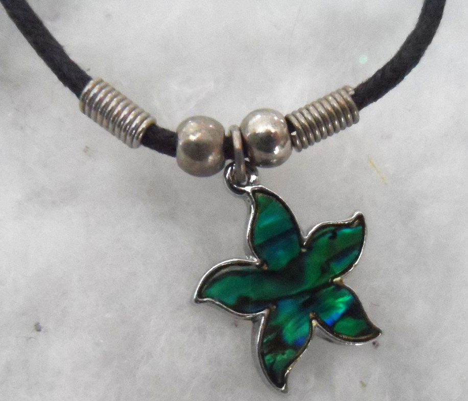 Vintage Necklace – SILVER TONE METAL ENAMEL STAR FISH CHARM ON BLACK CORD – 16″