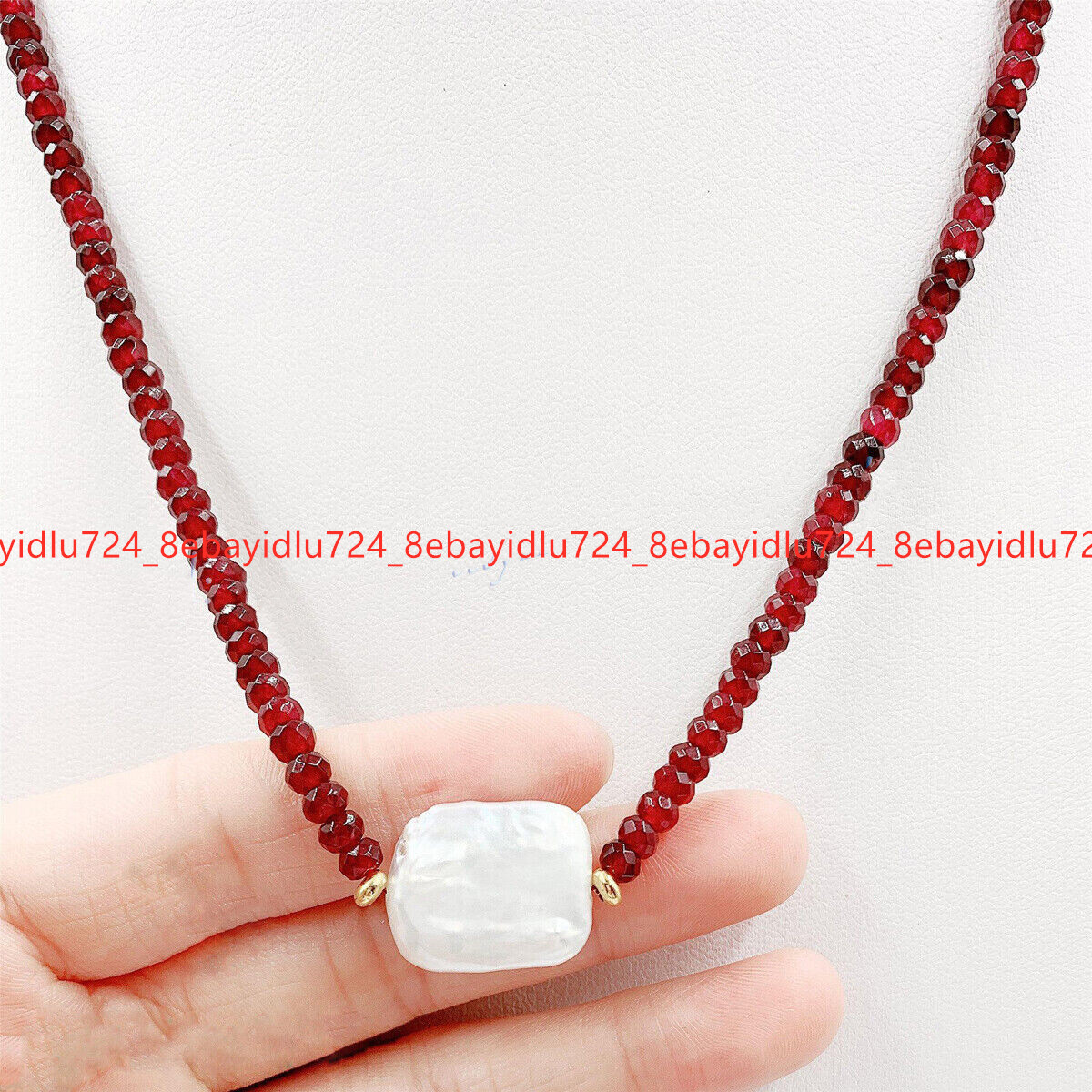 Faceted 2x4mm Red Garnet Natural 15x20mm White Baroque Pearl Pendant Necklace