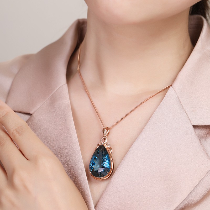 Blue Teardrop Gold Tone Chain Jewelry Gift Pendant Necklace
