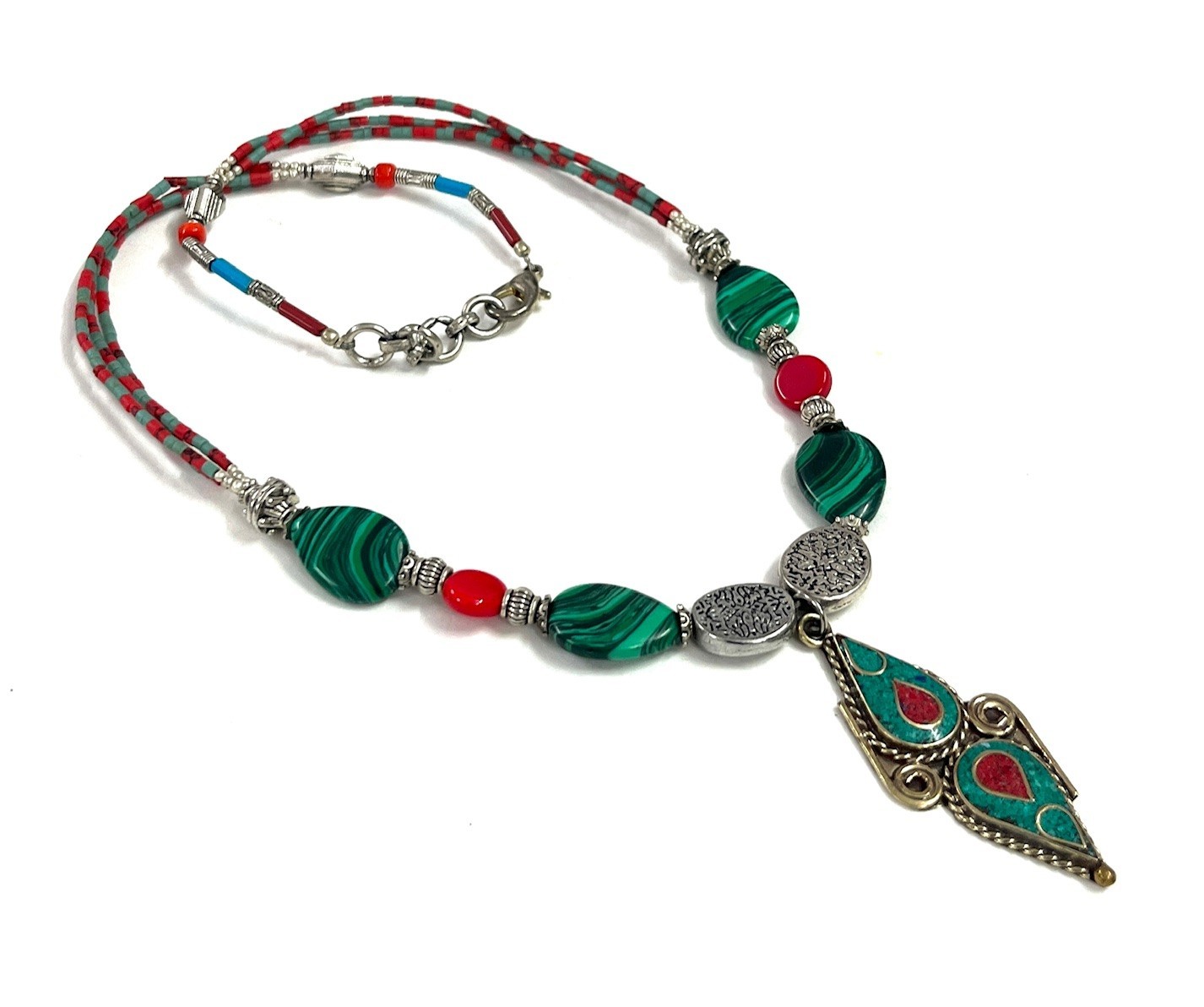 Art Deco Malachite Coral Gemstone Tibetan Necklace Jewelry, 18 Inc Adjs