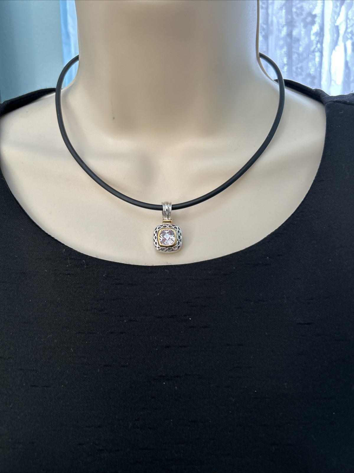 Gold And Silver Tone Square Pink Lab Diamond Pendant Necklace On Black Cord 16”