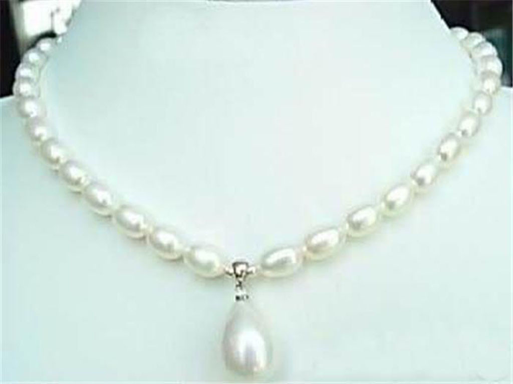 Natural 7-9mm White Akoya Cultured Pearl Shell Pearl Drop Pendant Necklace 18”
