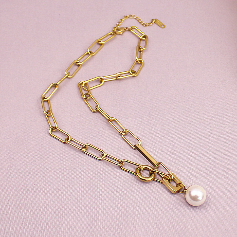 Woman 18K Gold Plated Stainless Steel Pearl Round Charm Rolo Link Chain Necklace