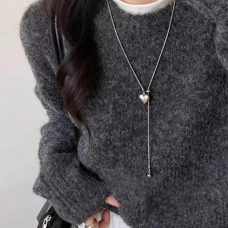 Stainless Steel Heart Pendant Necklace Women Adjustable Long Chain Jewelry Gift