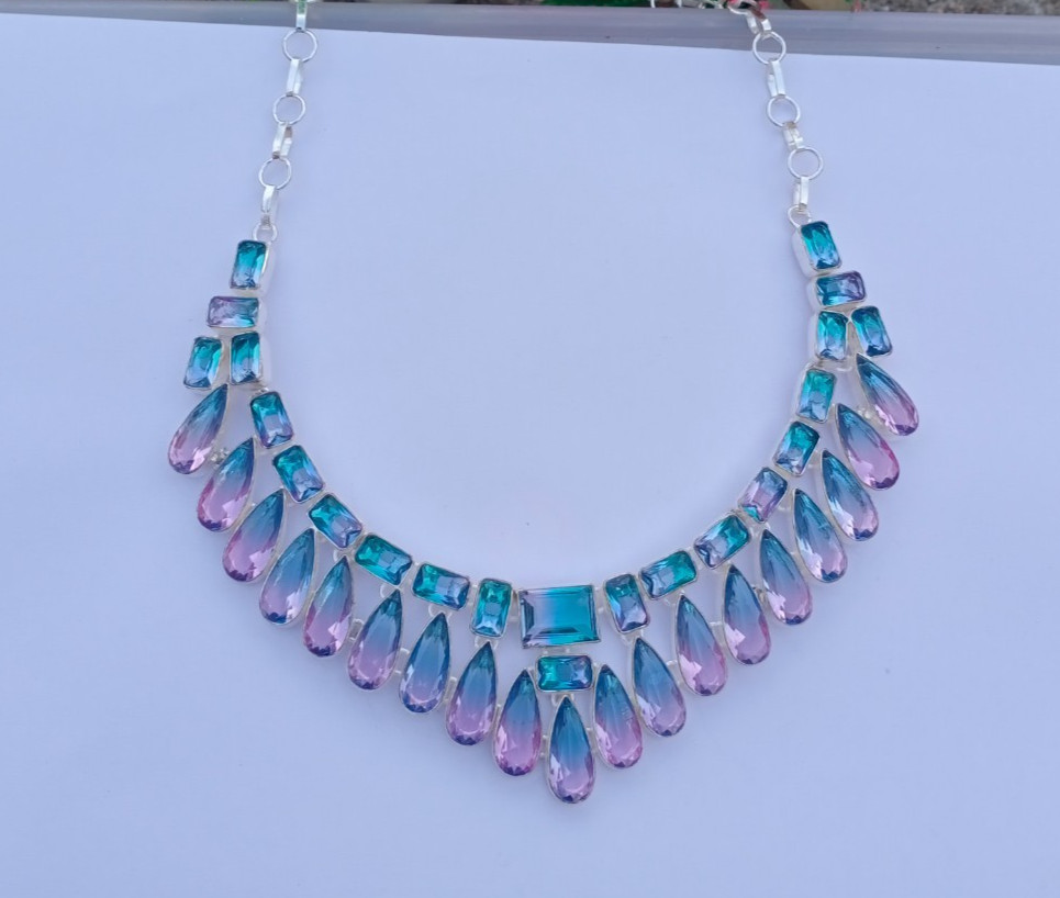Beautiful Bi-Color Gemstone 925 silver Handmade Adjustable Necklace Jewelry