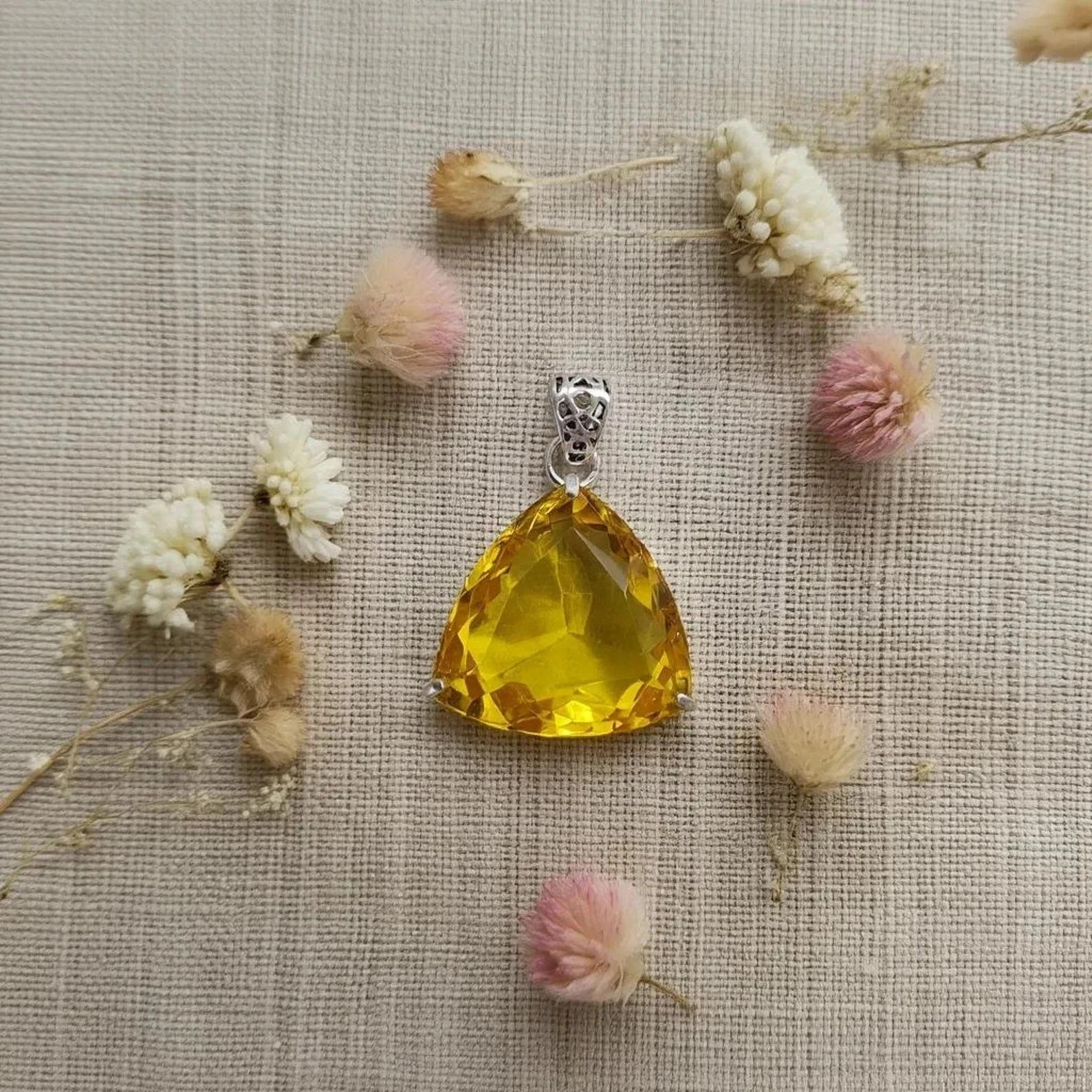 Citrine Yellow Pendant 70.35 Ct Trillion Cut Sterling Sliver Jewelry With Chain