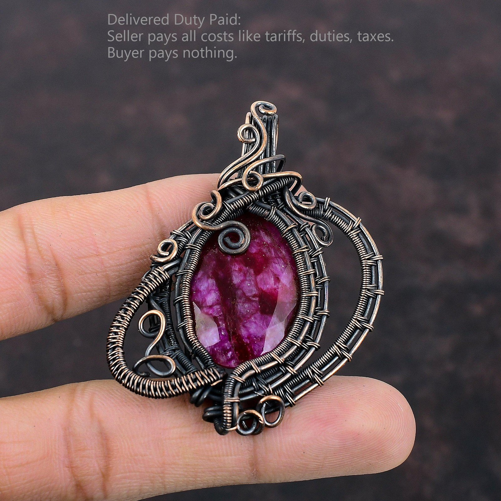 Faceted Kashmir Rubi Stone Engagement Mother Wire Wrapped Pendant Jewelry Copper