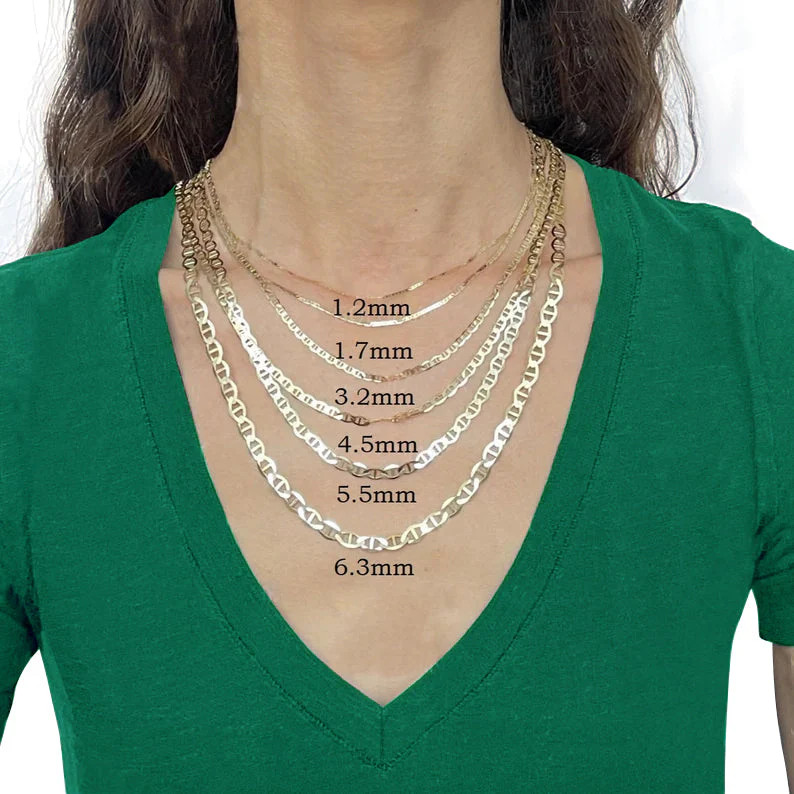 Solid 14K Yellow Gold Mariner Link Chain Necklace, 1.2mm To 6.3mm Wide