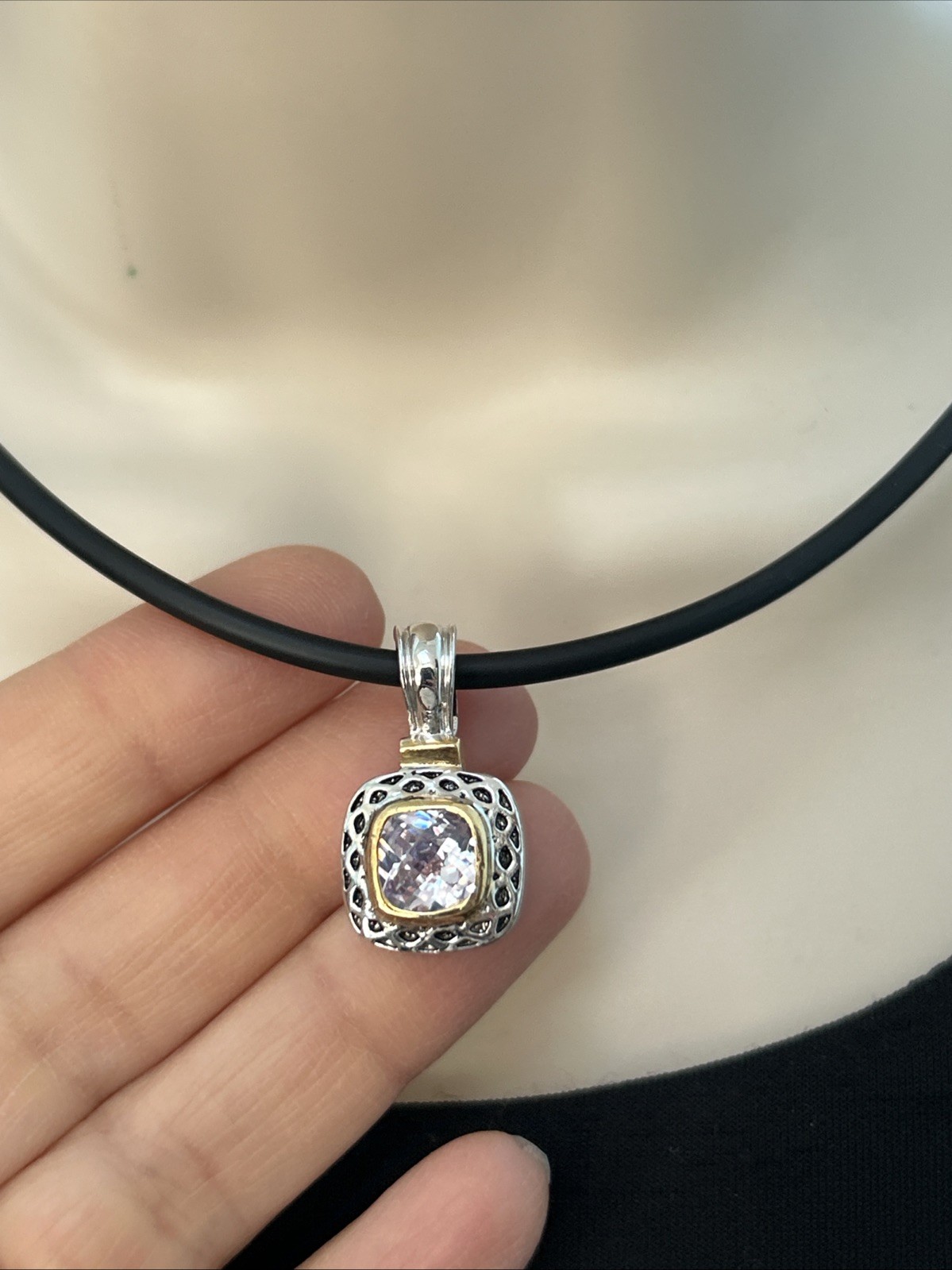 Gold And Silver Tone Square Pink Lab Diamond Pendant Necklace On Black Cord 16”