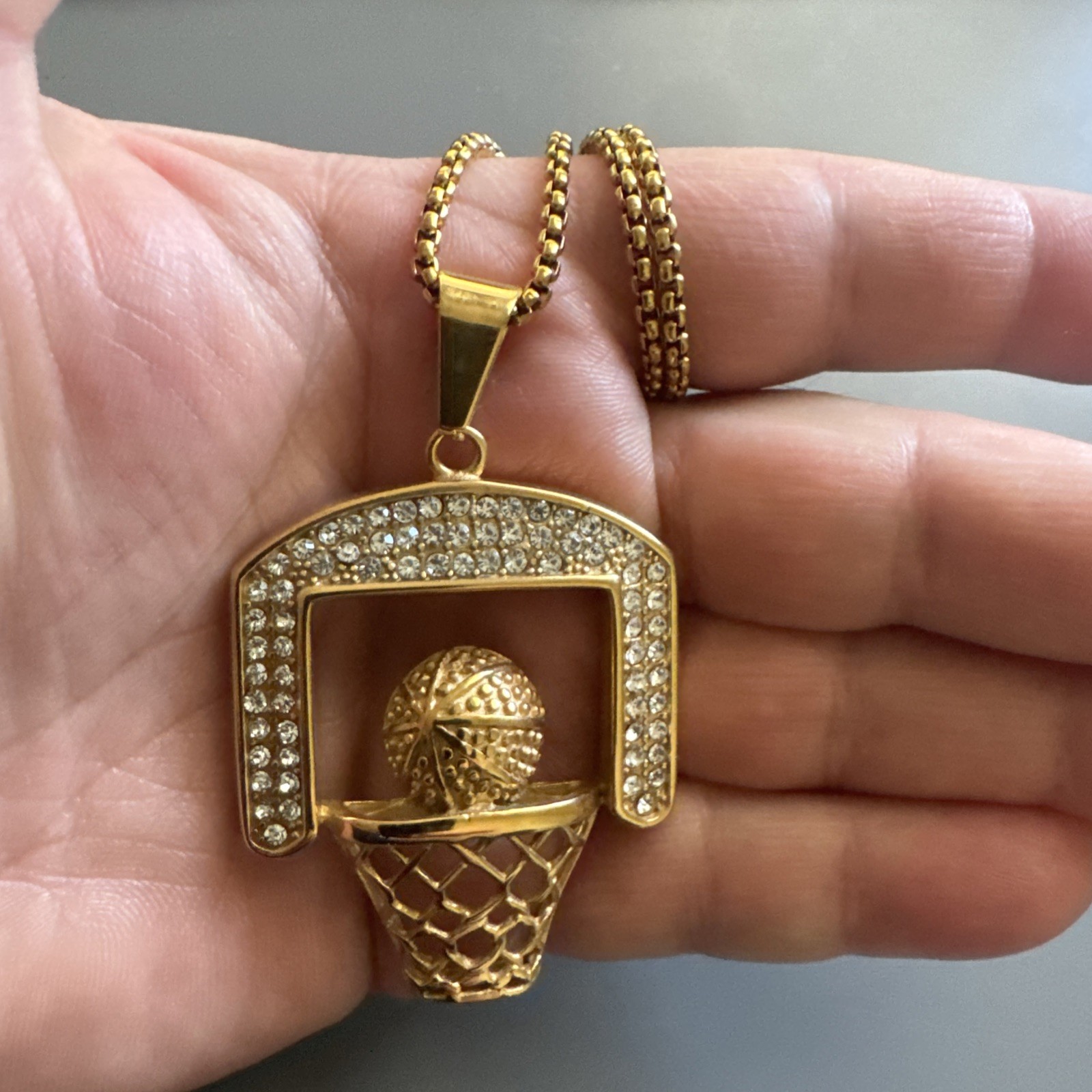 Basketball Hoop Stainless Steel Pendant 24 Inch Chain Trophy Cubic Zirconia Gold