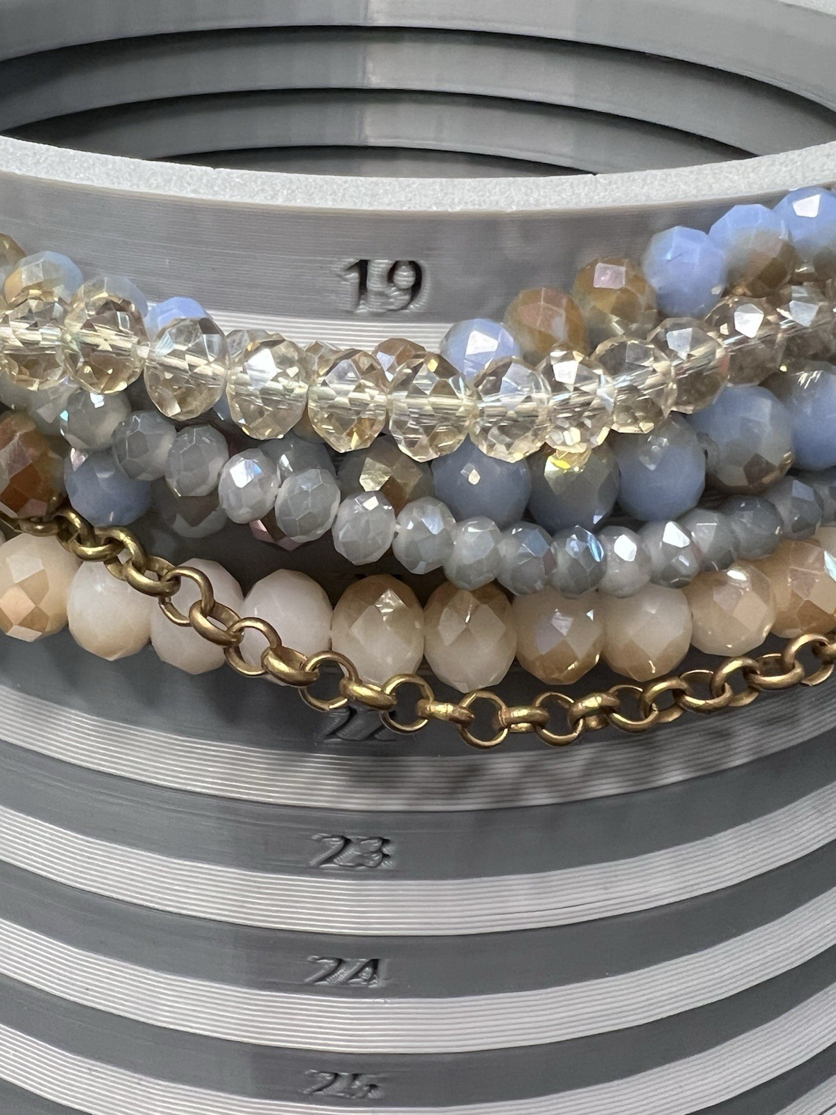 Layered Faceted Glass Crystal Bead Statement Necklace Blue White Taupe 19-22”