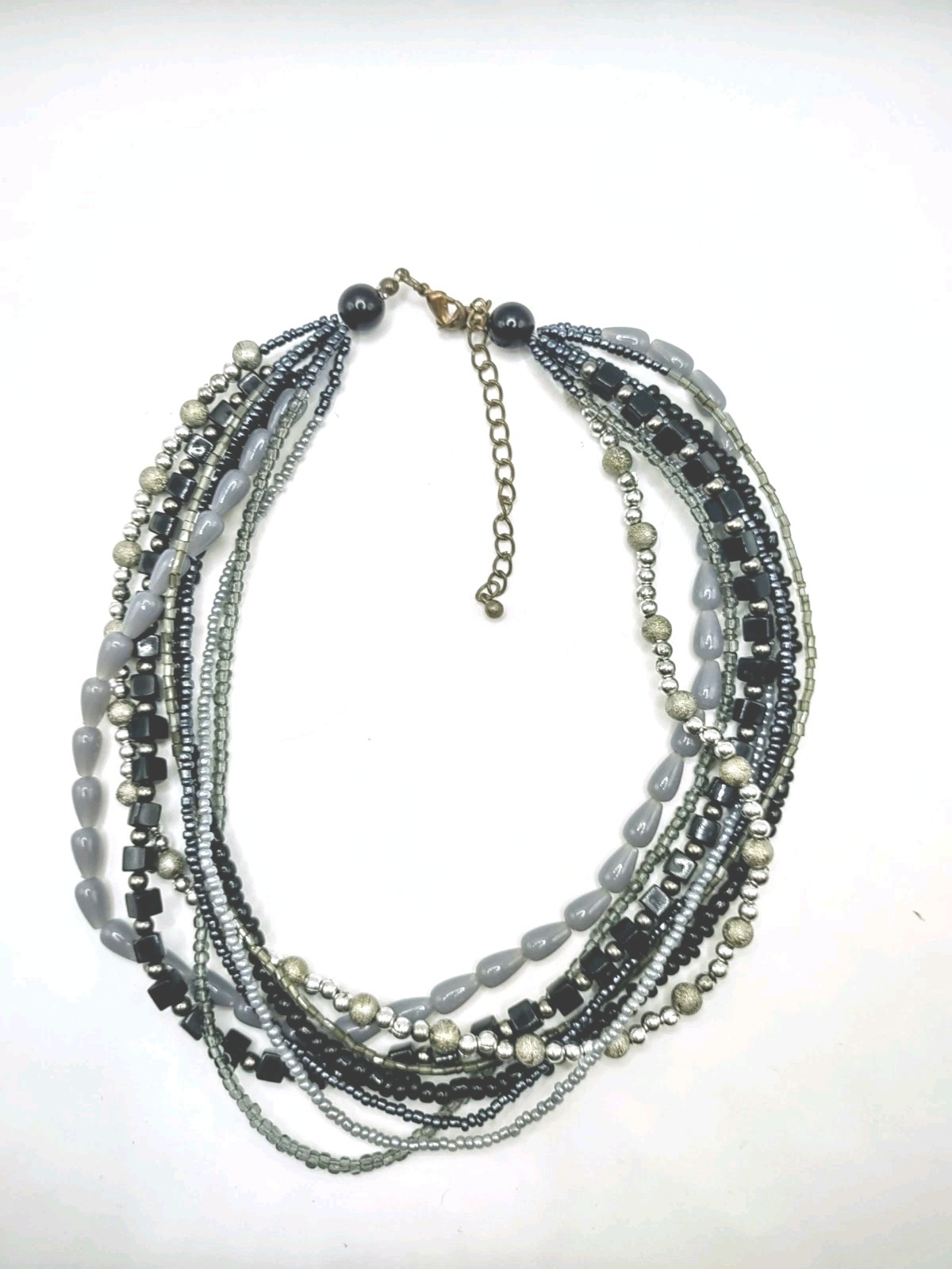 Multi Strand Necklace Beaded Black Grey Layered Fashion Costume Jewelry