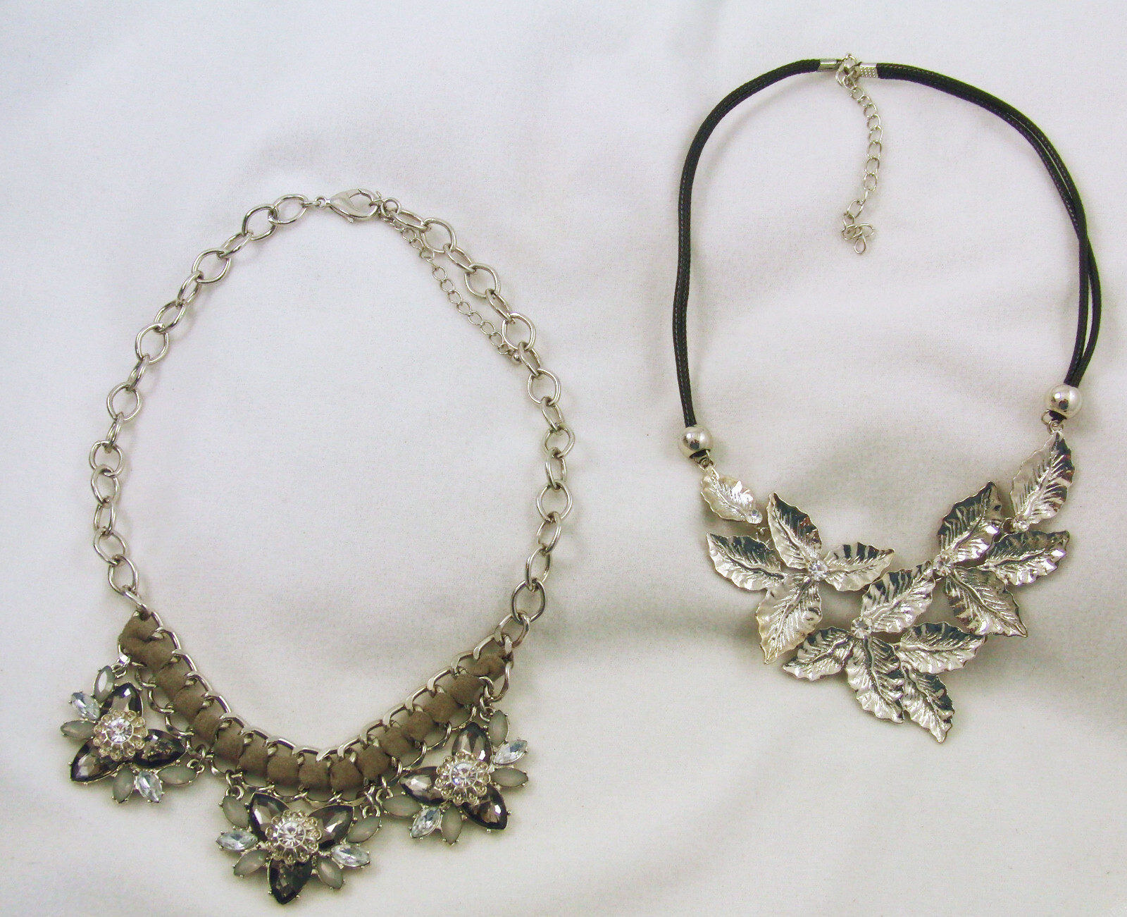 lot 2 necklaces silver leaves & flowers gray & clear rhinestones leather strip