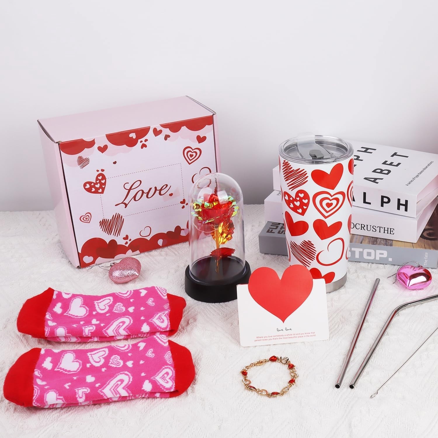 Valentine’s Day Gift Set for Her – 8 pcs Insulated Tumbler, Rose, Socks, Brac…
