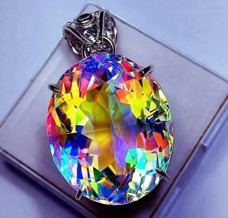 55 CT+ Rare Rainbow Fir Mystic Topaz Pendant Solid 925 Sterling Silver Plated