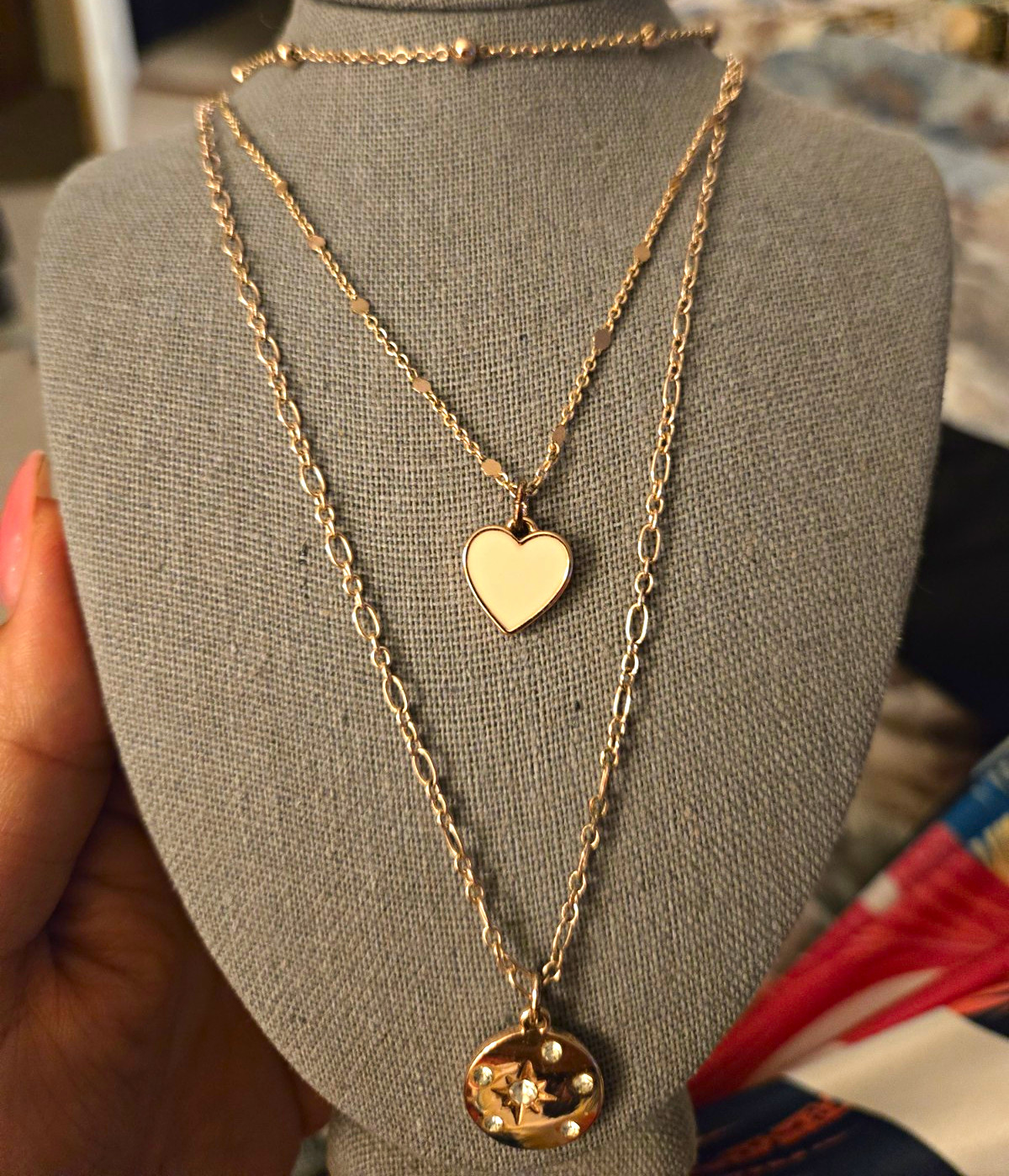Rose Gold Tone Layered Heart Charm Pendant Necklace, Adjustable And Detachable