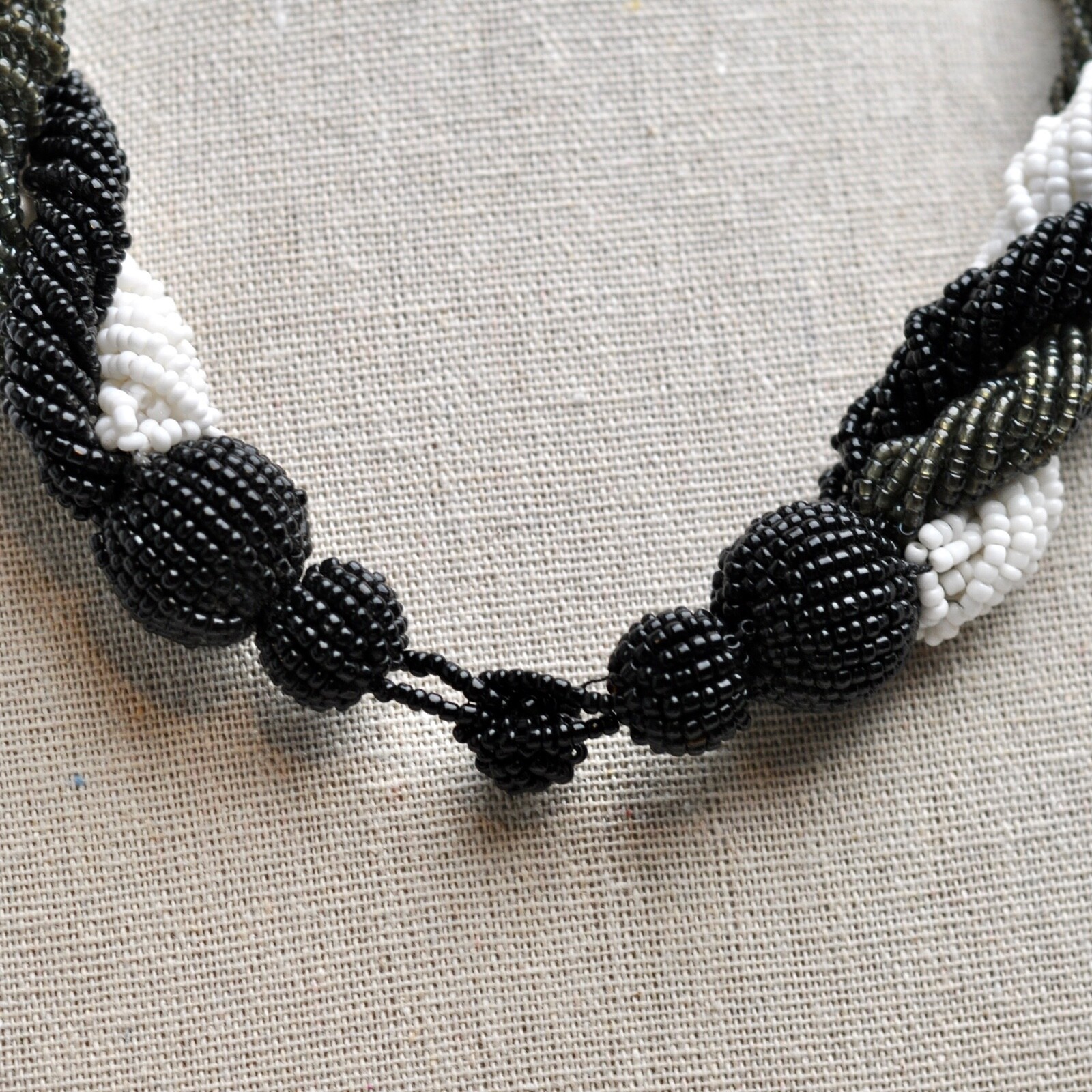 Necklace Black Grey White Beaded with Beaded Clasp 10” Long