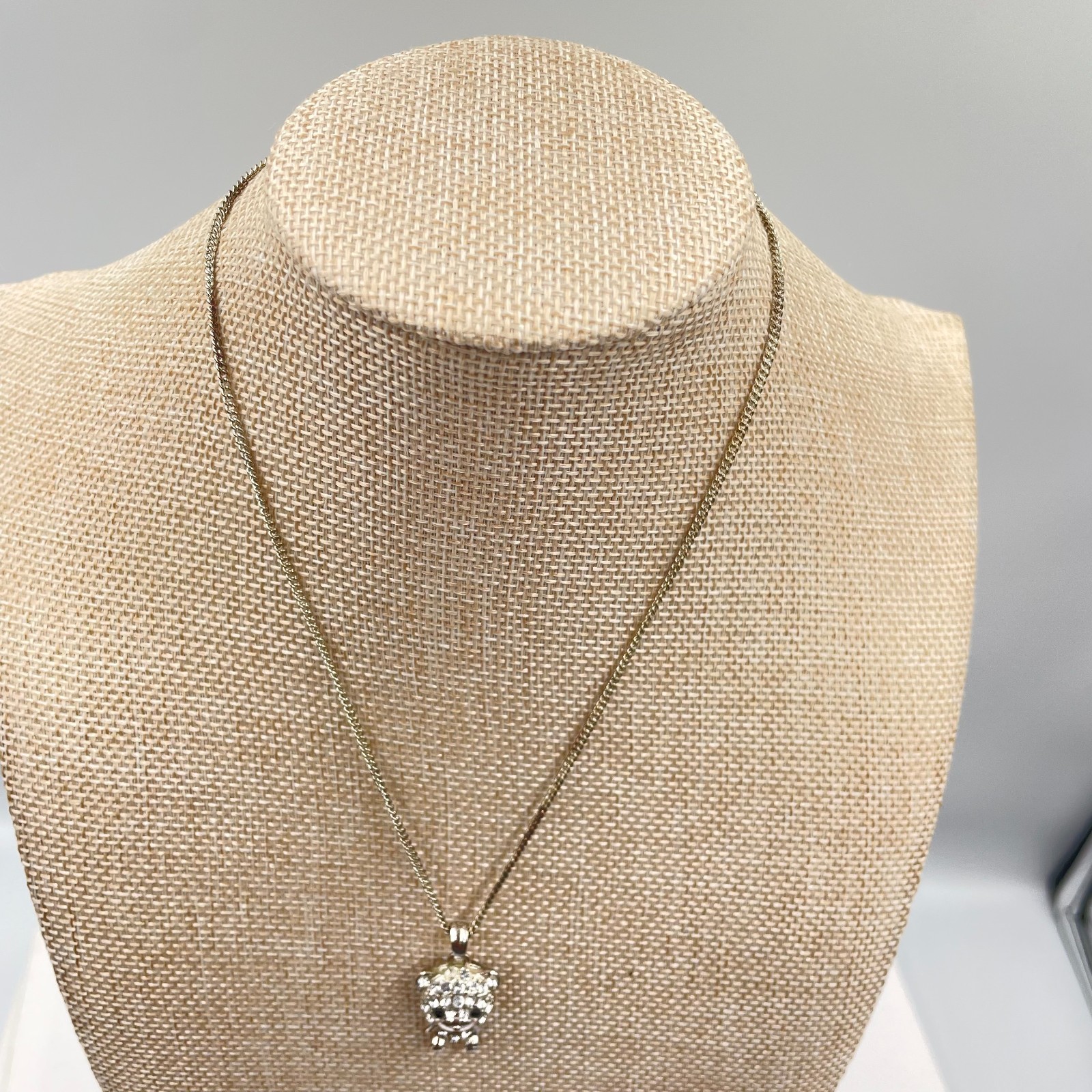 Adjustable Silver-Tone Curb Chain Rhinestone Pave Teddy Bear Pendant Necklace