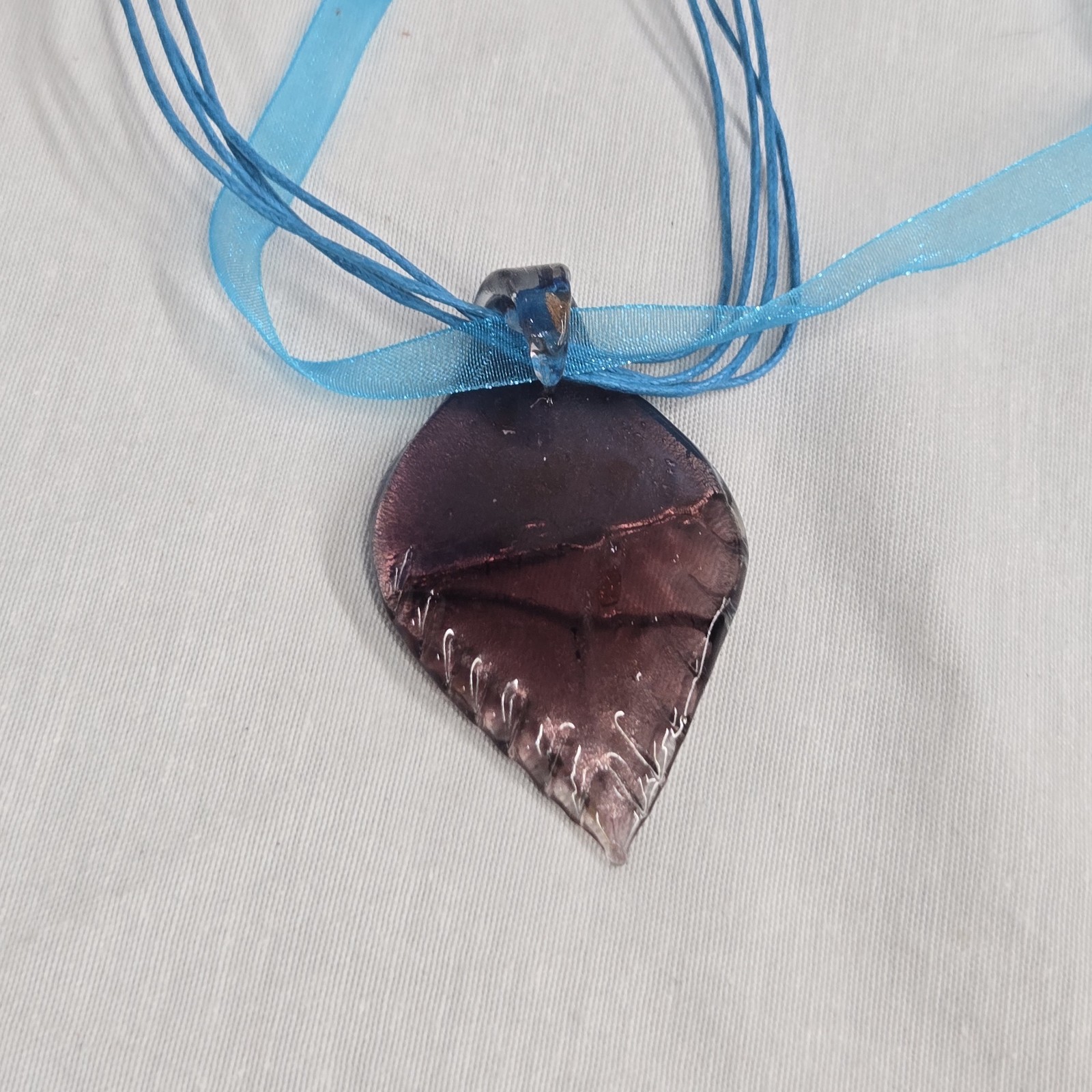 Stunning Fused Glass Leaf Pendant Necklace – Vibrant Blue & Metallic Accents