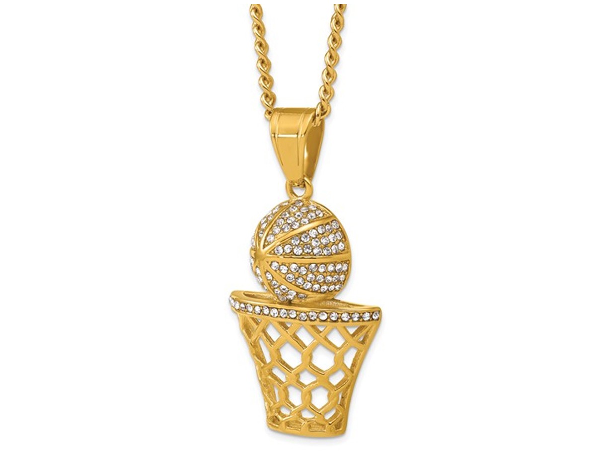 Yellow Plated Stainless Steel Basketball & Hoop Pendant Necklace with Chain