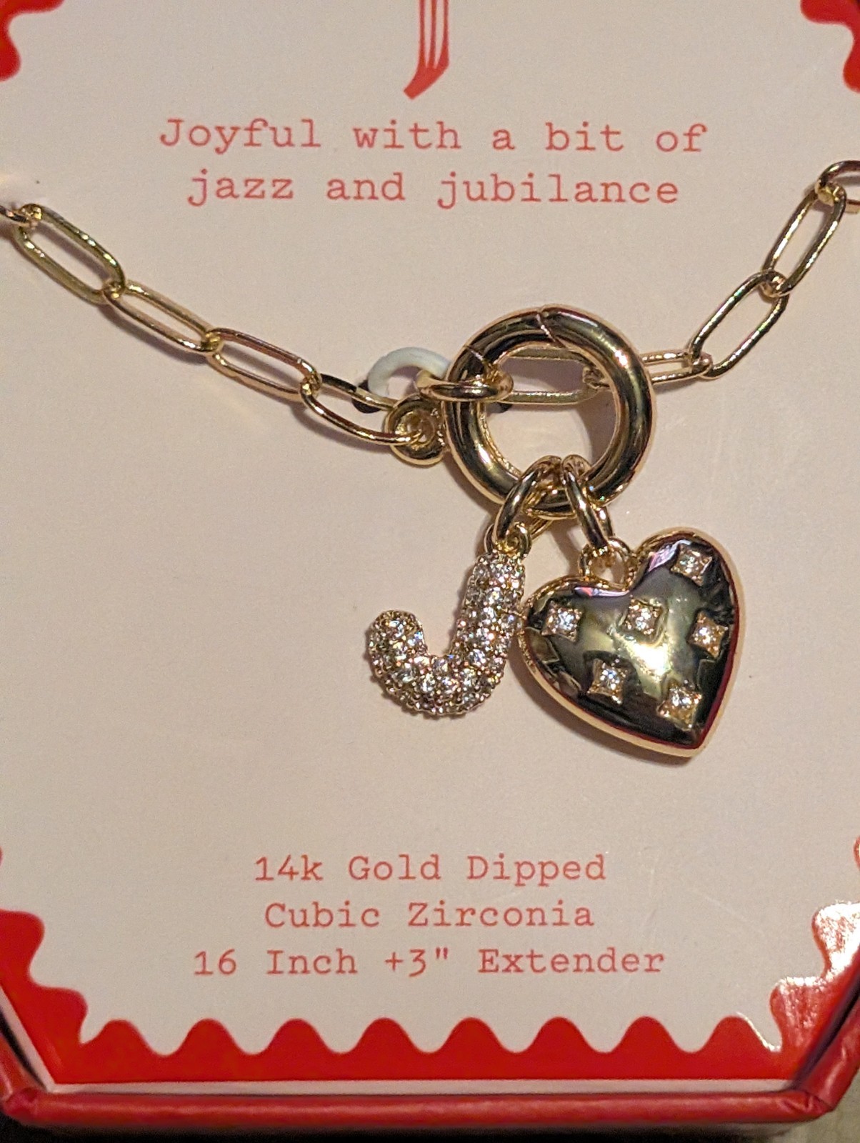 A New Day 14k Gold Dipped Initial J Charm Necklace Heart Cubic Zirconia