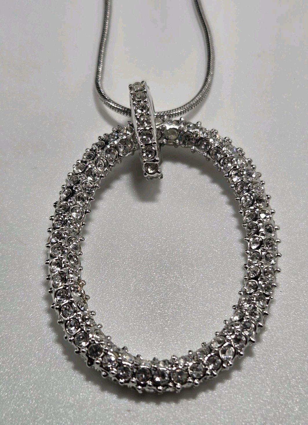 Park Lane? Unmarked Silver Tone Oval Necklace 20″ Clear CZ Cubic Zirconia Pave