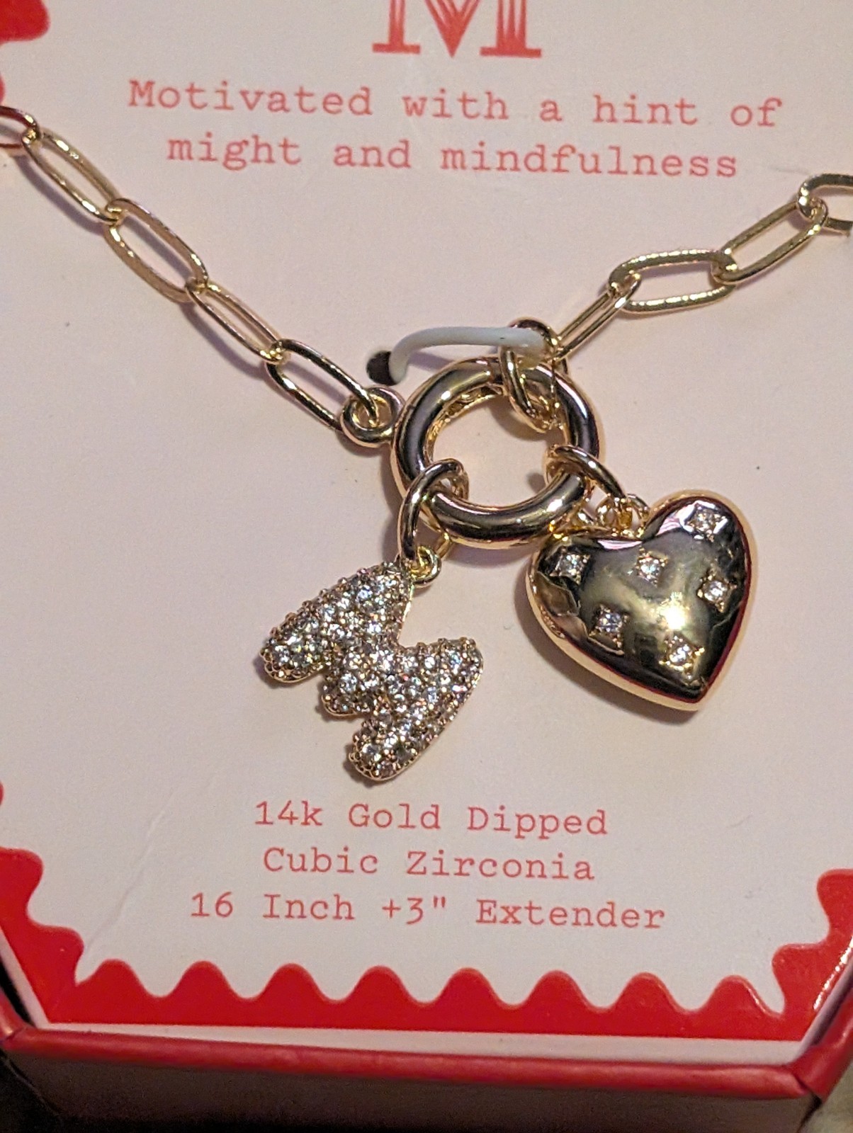 A New Day 14k Gold Dipped Initial M Charm Necklace Heart Cubic Zirconia
