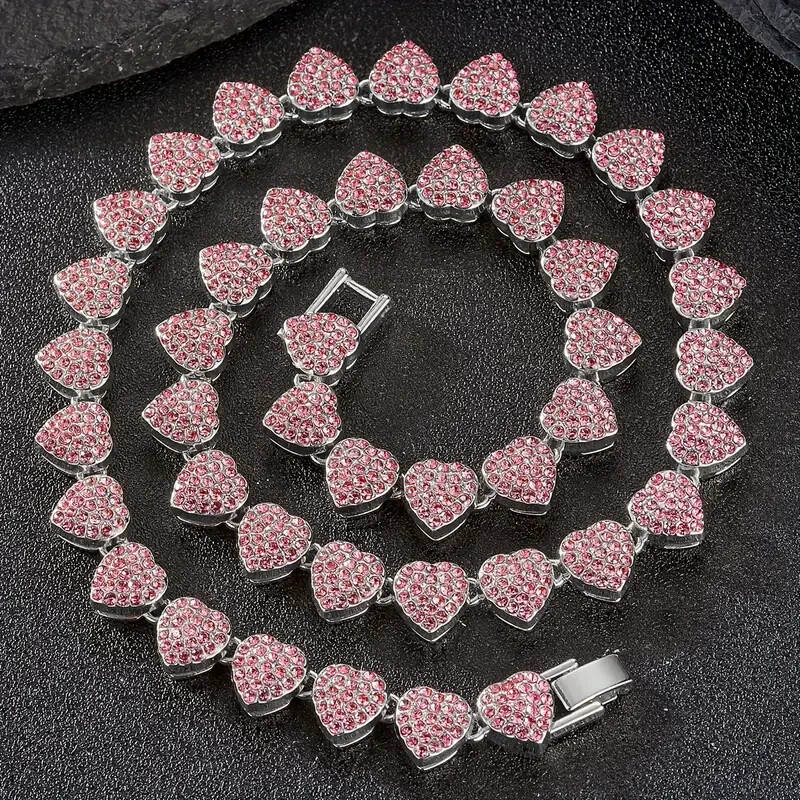 Women Necklace & Bracelet Iced Heart Chain Bling Pink Cubic Zirconia Silver Tone