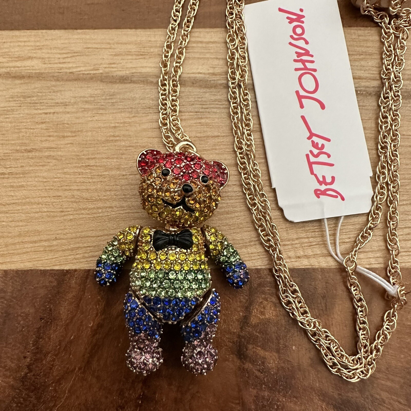 NEW Betsey Johnson Rainbow Crystal Jointed Teddy Bear Pendant Slider Necklace