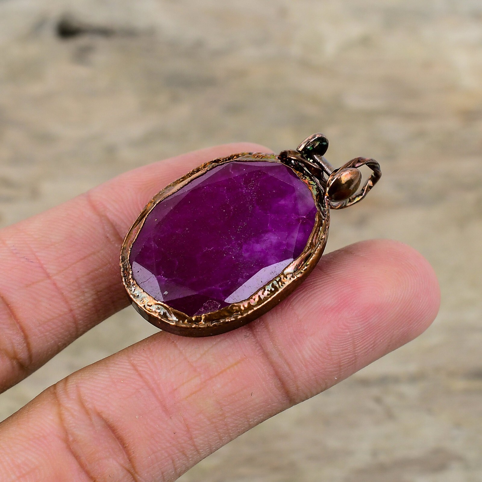 Valentines Sale Copper Oval Kashmir Rubi Stone Wife Electroformed Bezel Pendant