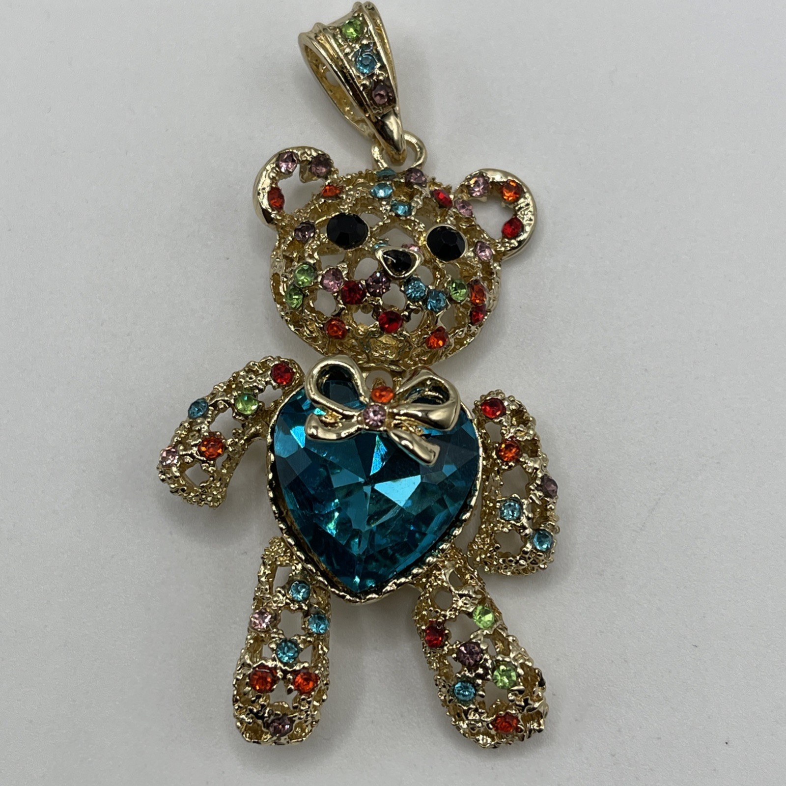 14k Gold Plated Teddy Bear Pendant Aquamarine Blue Heart Bow Cubic Zirconia CZ