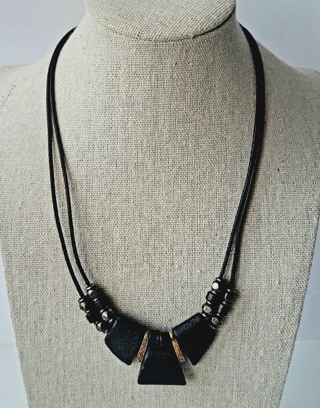 Lava Rock And Brass Accent Black Geometric Modernist Choker Collar Necklace