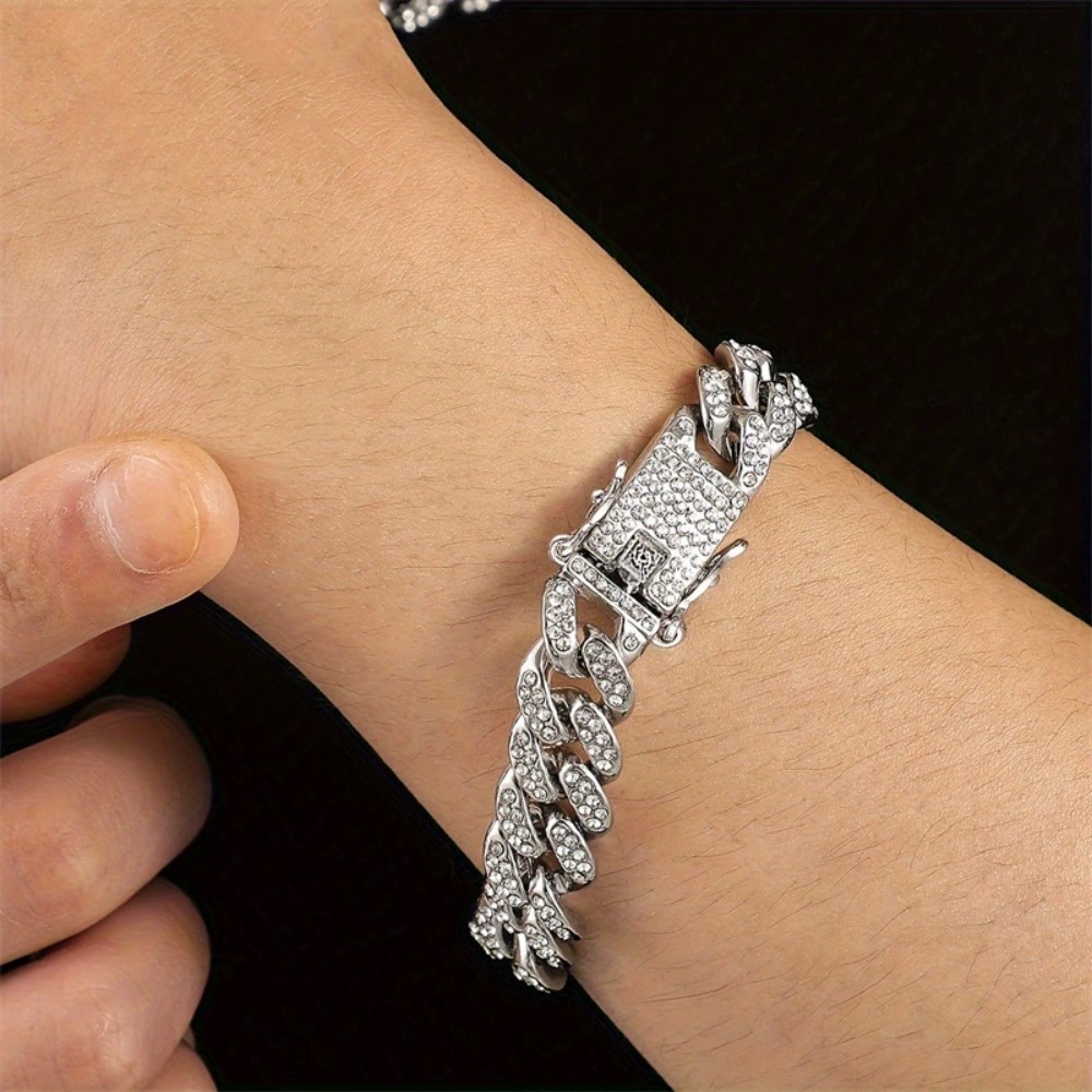 13mm White Gold Plate Stainless Steel Miami Cuban Link Chain CZ NecklaceBracelet