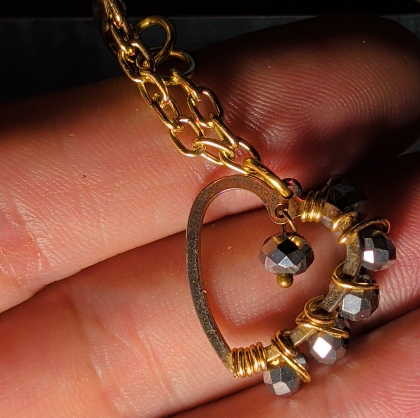 Wire Wrapped Heart Bracelet Gold Tone Hematite Bead Boho