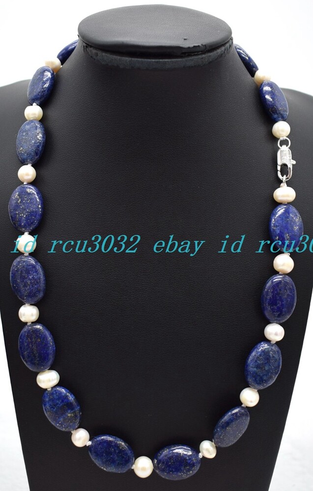 Pretty 7-8mm White Pearl & 13x18mm Oval Blue Lapis Lazuli Silver Necklace 16-36″