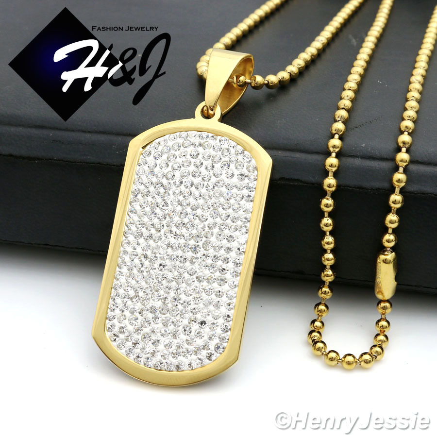 30″Stainless Steel 2.5mm Gold Plated Bead Chain Cubic Zirconia DogTag Pendant*43
