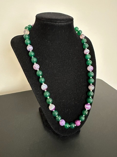 Natural Green and Purple Striped Agate 10 mm Gemstone Round Beads 22 ” Necklace.