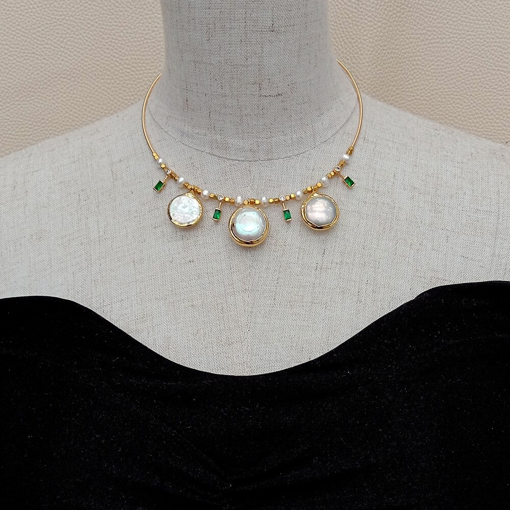 Cultured White Coin Pearl Potato Pearl Cz Pave Choker Charm Necklace 15″