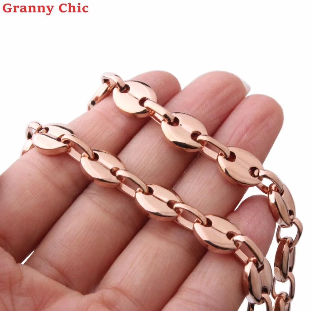 7/9/11mm Men Women Rose Gold Tone Stainless Steel Coffee Beans Chain Necklace
