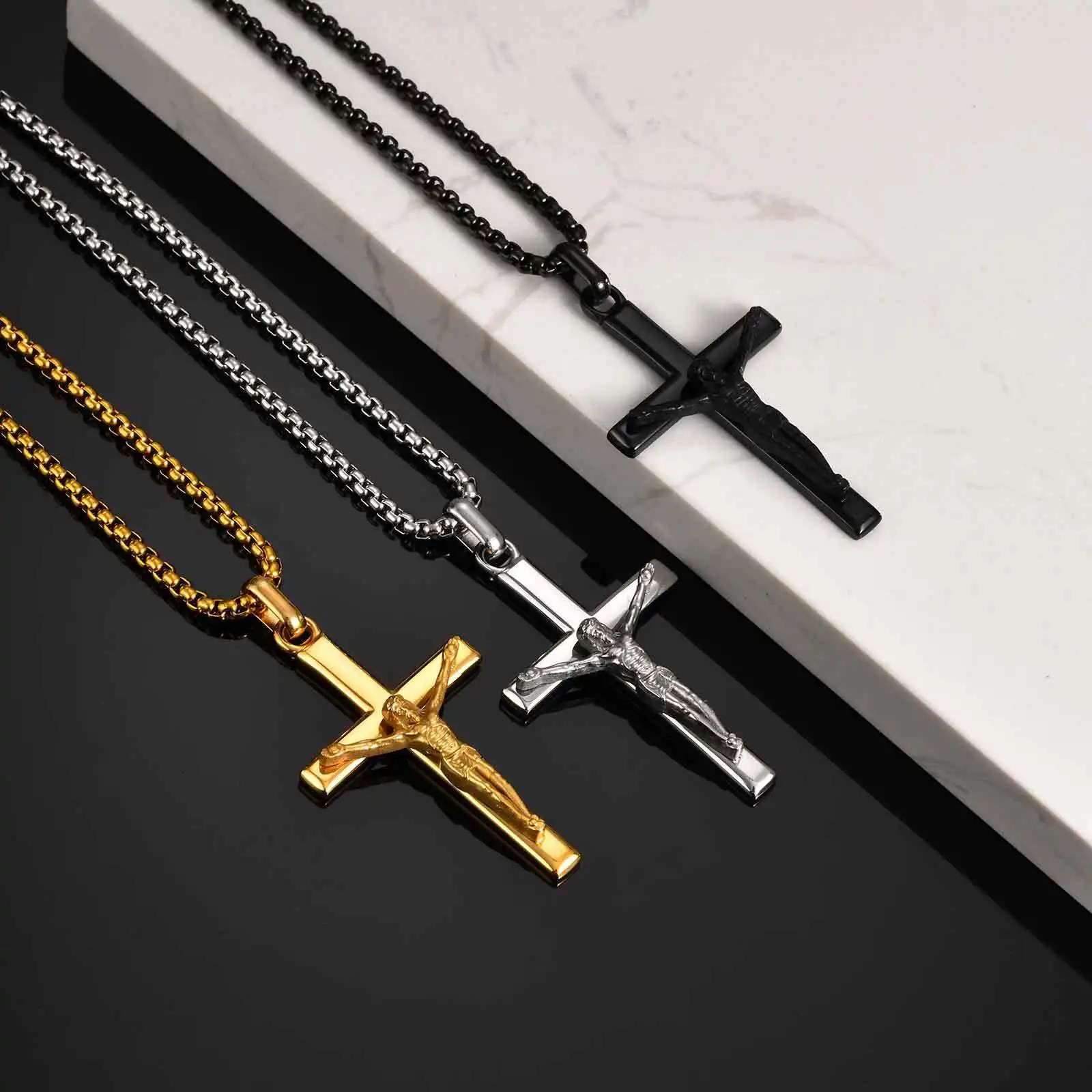 Waterproof Crucifix Cross Necklace for Men Boys,Stainless Steel Catholic Cross P