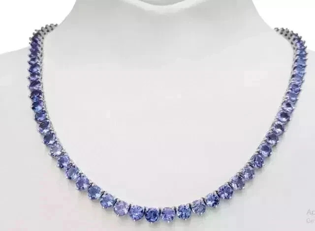 18CT Round Cut Simulated Tanzanite Women’s Tennis Necklace 14K White Gold Plated
