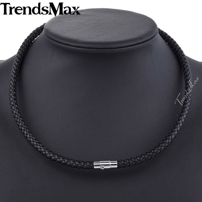4-6mm 14″-28″ Black Man-made Leather Rope Cord Necklace Choker Magnetic/Toggle