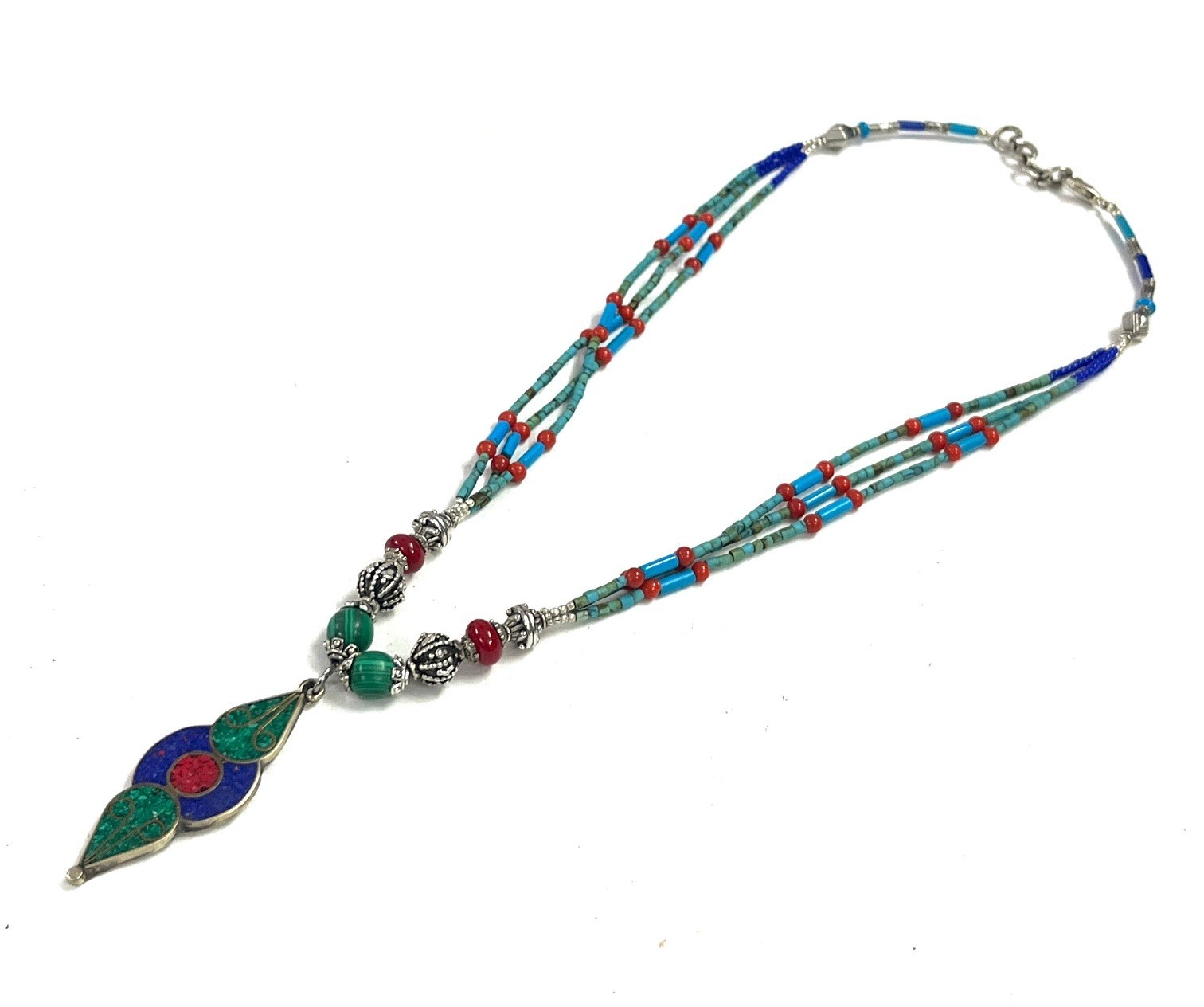 Turquoise Coral Gemstone Tibetan Bohemian Necklace Jewelry, 18 Inc Adjst